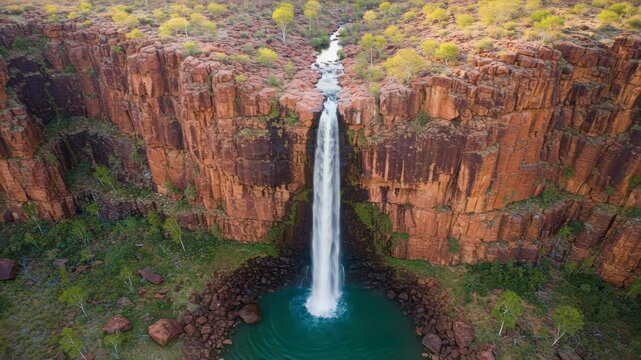 Aerial view of a waterfall flowing into a pool in a rugged, rocky canyon.