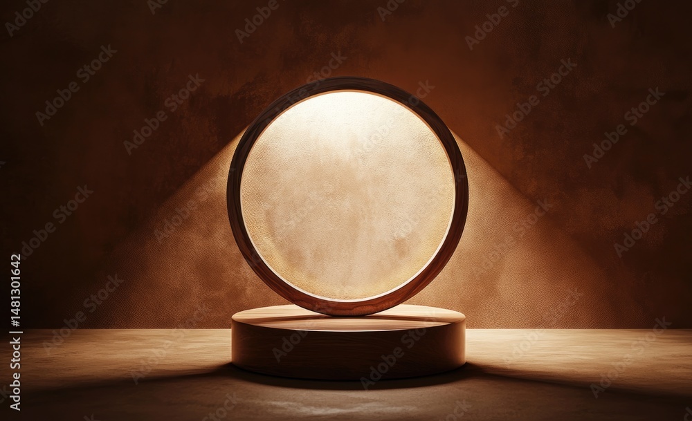 Poster a minimalist wooden display platform illuminated by soft. dramatic lighting. creating a serene atmos