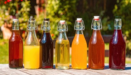 Colorful assortment of homemade drinks in glass bottles displayed outdoors