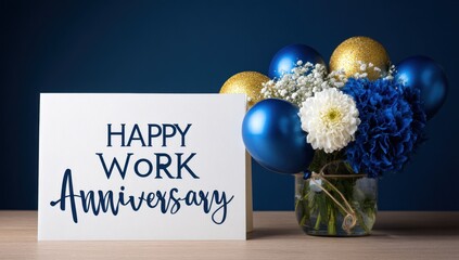 Happy work anniversary card next to a vase with blue and gold balloons.