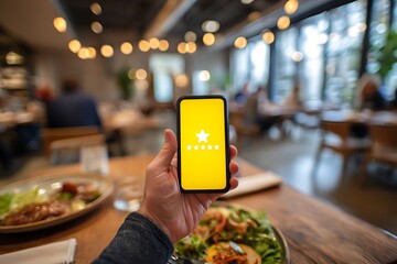 A hand holding a smartphone with a star rating on a yellow screen in a restaurant setting