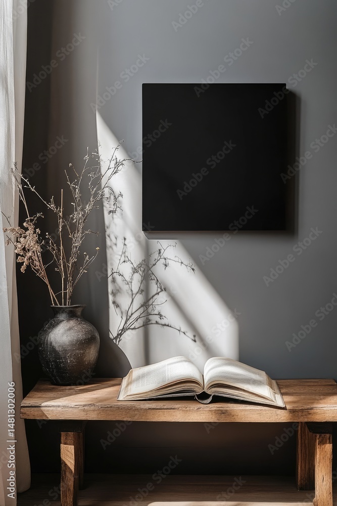Poster a serene interior scene featuring a minimalist wooden table with an open book and a decorative vase 