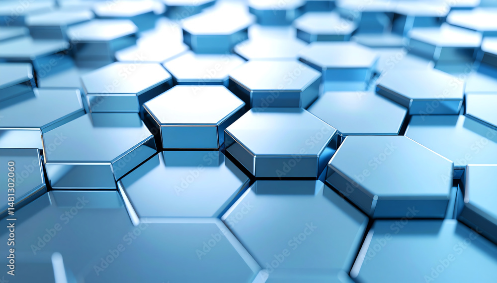 Poster a close-up view of shiny, interconnected hexagonal shapes forming a modern, geometric pattern with a