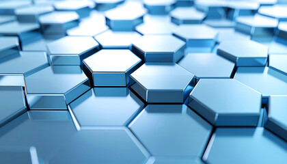 A close-up view of shiny, interconnected hexagonal shapes forming a modern, geometric pattern with a reflective surface
