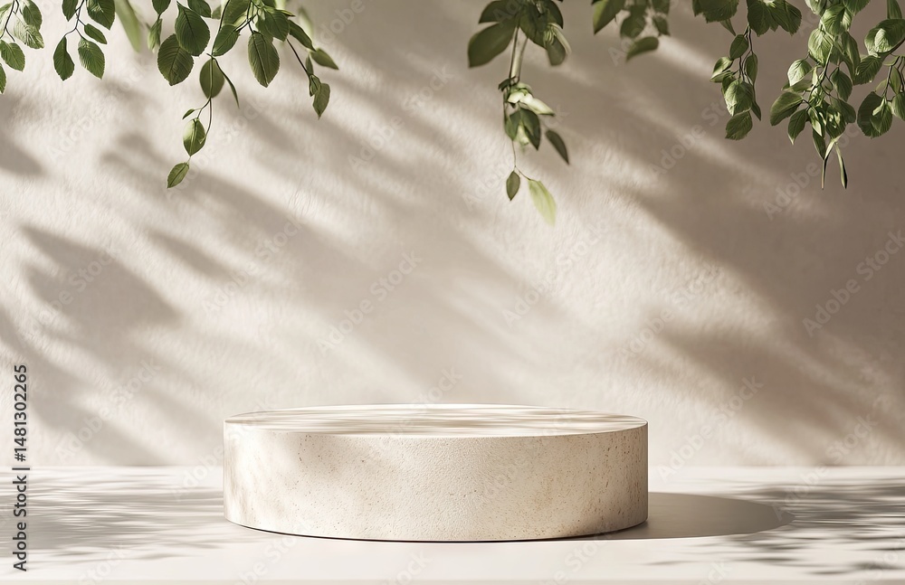 Poster a minimalist display featuring a round. textured pedestal on a soft surface. surrounded by lush gree