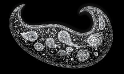 Intricate, teardrop-shaped design featuring paisley patterns in silver on a black background.  Detailed work with swirling, organic shapes
