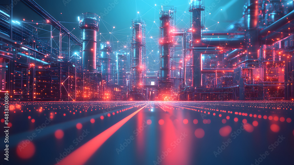 Poster futuristic industrial cityscape featuring glowing refinery towers and intricate scaffolding. neon li