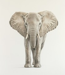Fototapeta premium Majestic elephant, centered against a plain background. Detailed portrait captures the animal's powerful stance and textured skin. Large ears and tusks are clearly visible