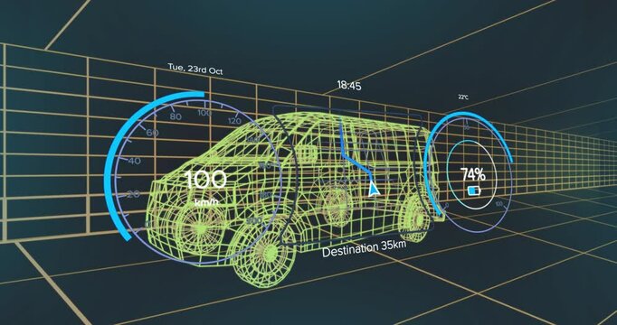 3D wireframe van model cruising through grid tunnel, displaying speed and battery gauges, nav arrow