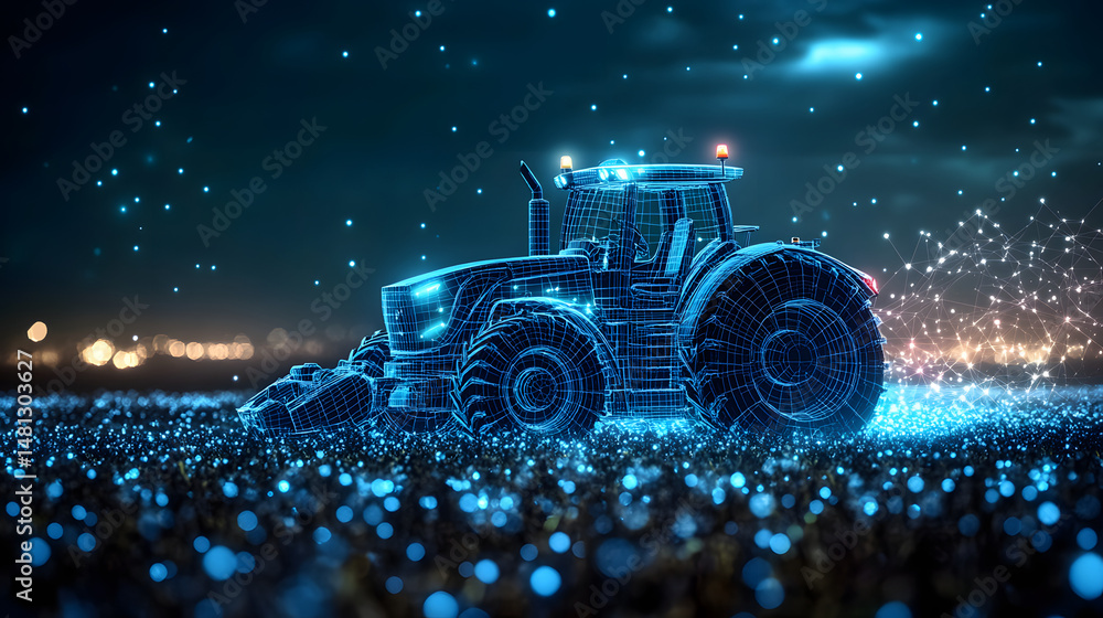 Aufkleber futuristic farming concept. abstract wireframe tractor cultivates a bioluminescent field under a sta