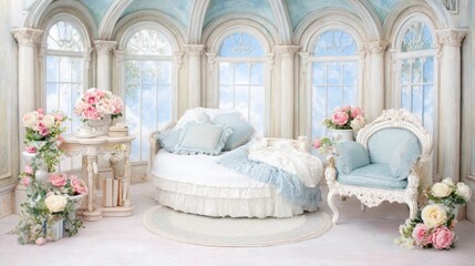 Soft Pastel Rose Stage Set A Romantic Room with Arched Windows