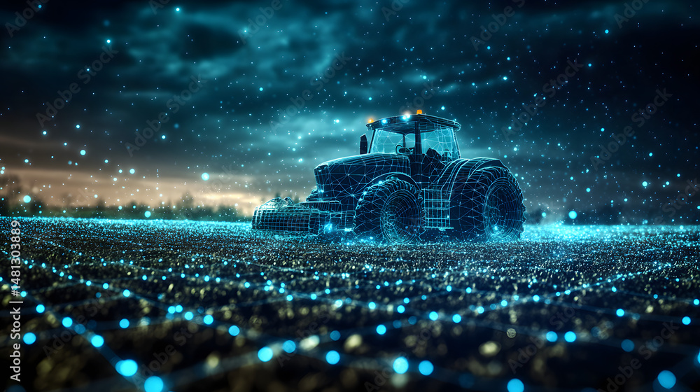 Aufkleber Futuristic smart farming concept with a glowing wireframe tractor working at night. Precision agriculture represented by illuminated field data. Abstract wireframe in dark blue.