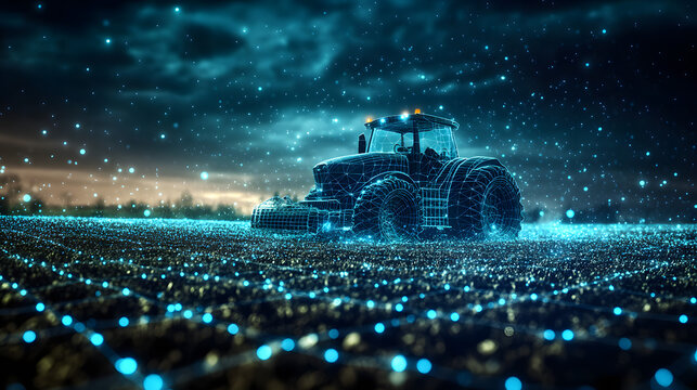 Futuristic smart farming concept with a glowing wireframe tractor working at night. Precision agriculture represented by illuminated field data. Abstract wireframe in dark blue.