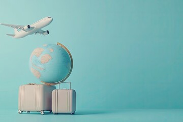 A sleek airplane flying above a vintage suitcase and globe. symbolizing travel and adventure. against a calming turquoise background. ideal for travel-related content