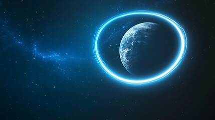 Earth encircled by a luminous ring in space