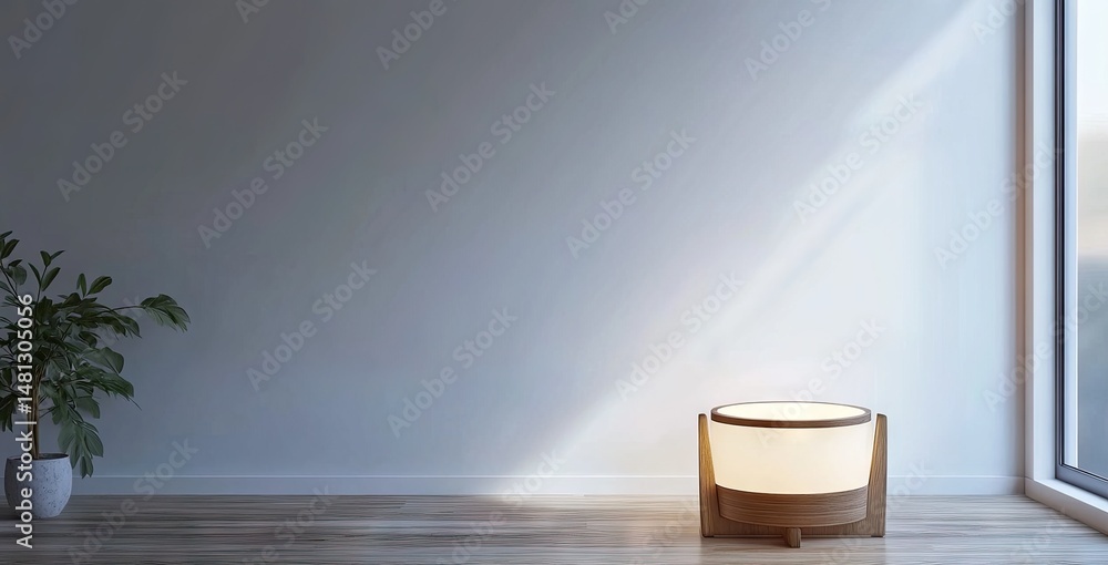 Poster a modern lamp with a wooden base casts a warm glow in a minimalist room. featuring soft. textured wa