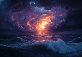 Dramatic ocean storm with large waves under dark swirling clouds illuminated by bright lightning and fiery glow on the horizon
