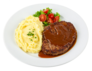 a plate of Salisbury Steak and Mashed Potatoes isolated on transparent background, png.