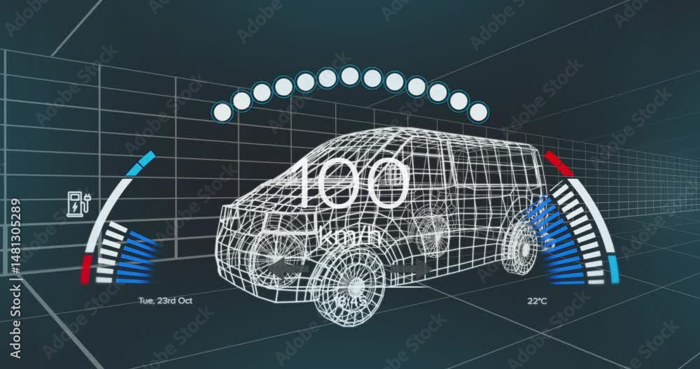 Poster wireframe van model showing 100 km or h speed with charging icon and 22°c temperature on 3d grid