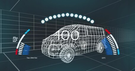 Wireframe van model showing 100 km or h speed with charging icon and 22°C temperature on 3D grid - Powered by Adobe