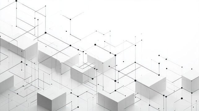 Abstract network of interconnected black dots and thin lines forming transparent cubes over white 3D blocks creating a futuristic digital structure