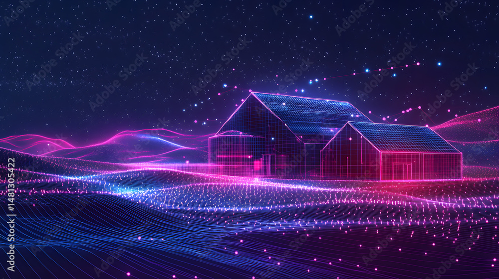 Poster futuristic landscape with glowing terrain and wireframe houses under a starry sky. pink glows enhanc