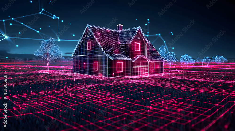 Aufkleber striking wireframe house on grid landscape, illuminated by a warm glow. the dark blue backdrop contr