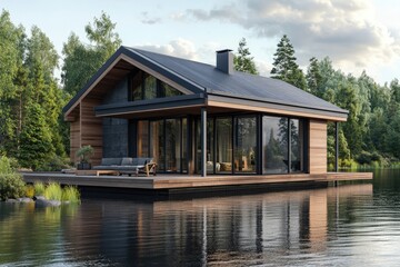 Obraz premium Modern wooden cabin on a serene lake. surrounded by lush greenery and trees. reflecting in calm waters. creating a tranquil atmosphere perfect for relaxation and retreat