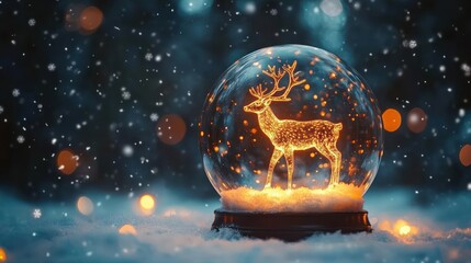 Naklejka premium Glowing reindeer figure inside a snow globe with falling snowflakes and warm bokeh lights creating a magical winter scene