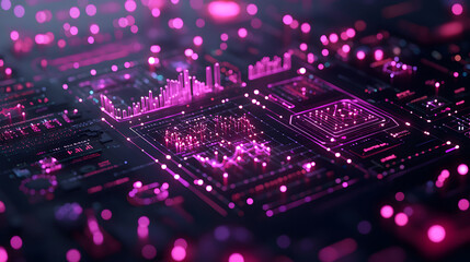 Obraz premium Futuristic circuit board with glowing pink pathways against a blurred background. High-tech design ideal for technology concepts. Abstract wireframe in dark blue. Perfect for microstock!