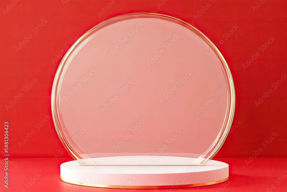 Poster a vibrant red stage with a circular platform. illuminated by overhead lighting. set against a backdr