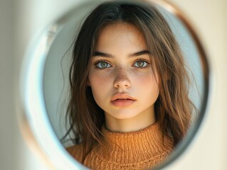 close-up portrait of a young woman with green eyes and freckles wearing a brown sweater looking thoughtfully at the camera framed by a circular mirror