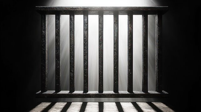 dark metal prison bars casting shadows with bright light shining through in a stark environment
