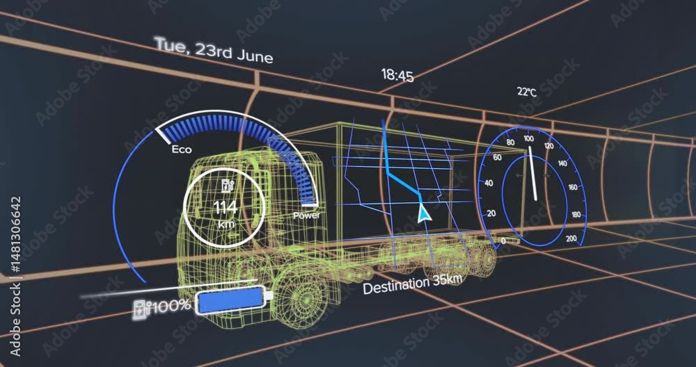 Poster wireframe 3d truck model being displayed in futuristic dashboard, showing gauges and map interface