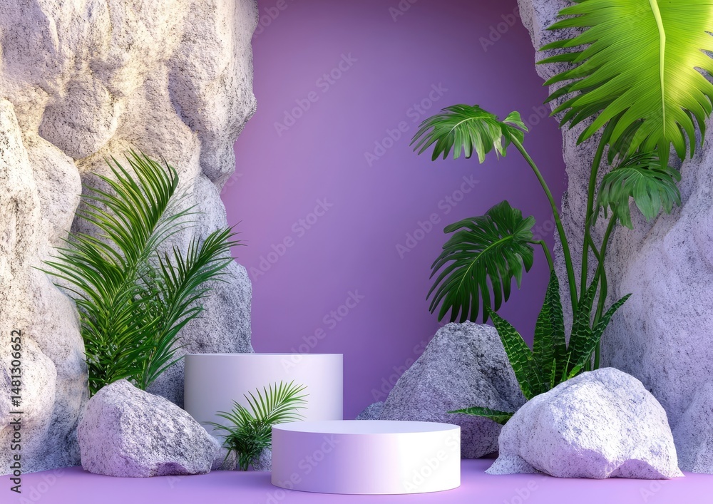 Poster a serene and minimalist display featuring two round pedestals on a light peach backdrop. surrounded 