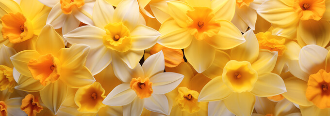 Obraz premium Cluster of golden yellow daffodils creating bright spring floral arrangement abstract background, Perfect for seasonal marketing