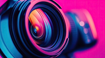 A close-up view of a camera lens with vibrant pink and blue lighting. showcasing the intricate details and reflections. ideal for photography enthusiasts and tech-related content