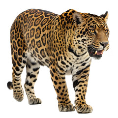 Obraz premium Powerful and striking jaguar standing with open mouth showing teeth against an isolated on white background