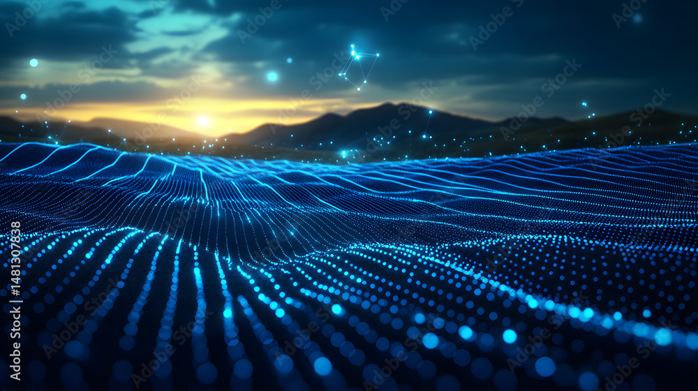 Poster futuristic landscape with a glowing grid and constellation against a moody sky. ideal for technology