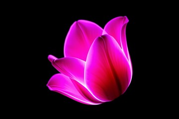 Fototapeta premium Stylized tulip with with neon rim lighting in pink and purple tones, placed on a black background, futuristic botanical vibe, digital glowing edge petals.
