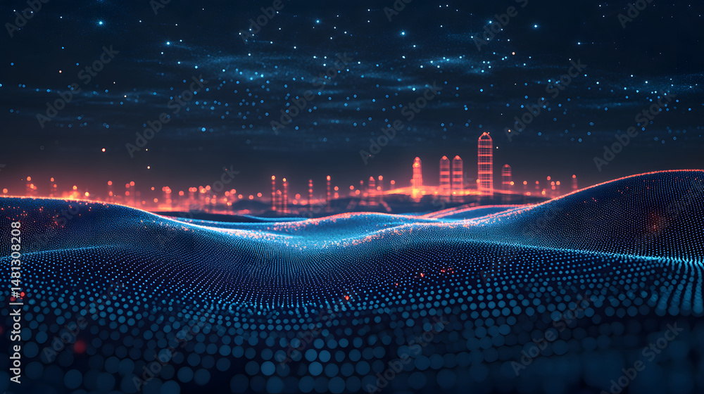Poster futuristic cityscape under a star-filled sky. blue dot waves meet red wireframe buildings, creating 