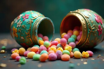 Fototapeta premium A lucky charm candy spills from a cracked, ornate jar, scattering colorful sweets , candy, jar