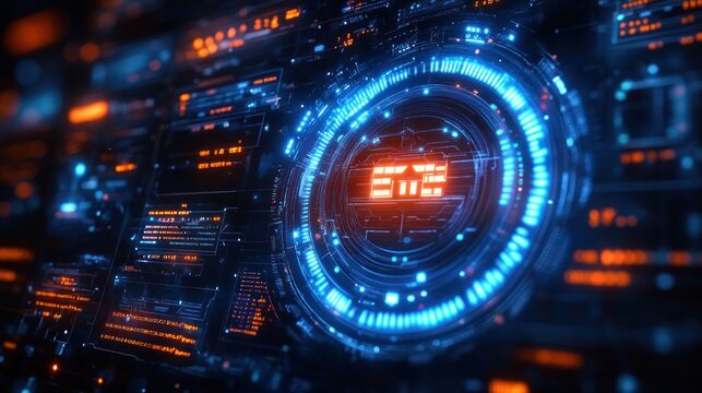 Futuristic digital interface with glowing circular blue and orange data visualizations and dynamic information panels displaying coded technology elements