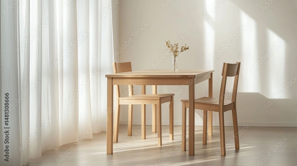 Poster wooden chairs and table in the corner of an empty room with light from a curtained window