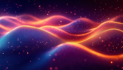 Obraz premium Abstract glowing wave-like structures with vibrant orange and purple colors creating a dynamic and futuristic visual effect with scattered glowing particles