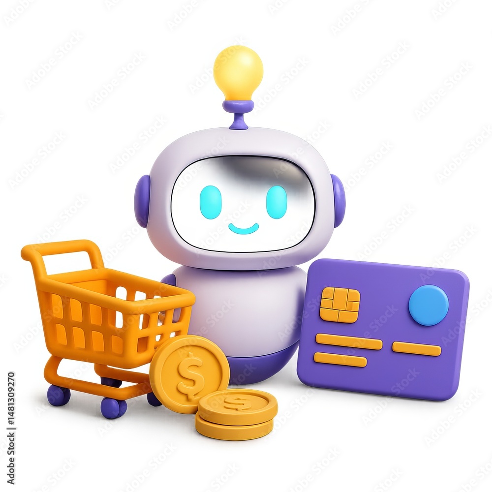 Poster 3d ai shopping scene with friendly robot and shopping cart elements