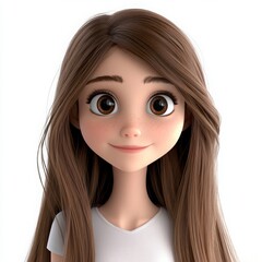 Portrait Of A Cute Cartoon Girl With Brown Hair And Freckles