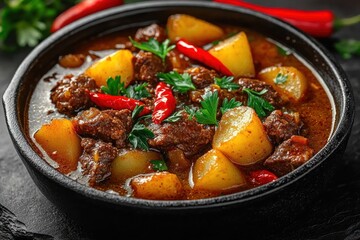 Hearty beef stew with potatoes, red chili peppers, and fresh parsley in a dark bowl, evoking warmth and comfort in a savory rich broth
