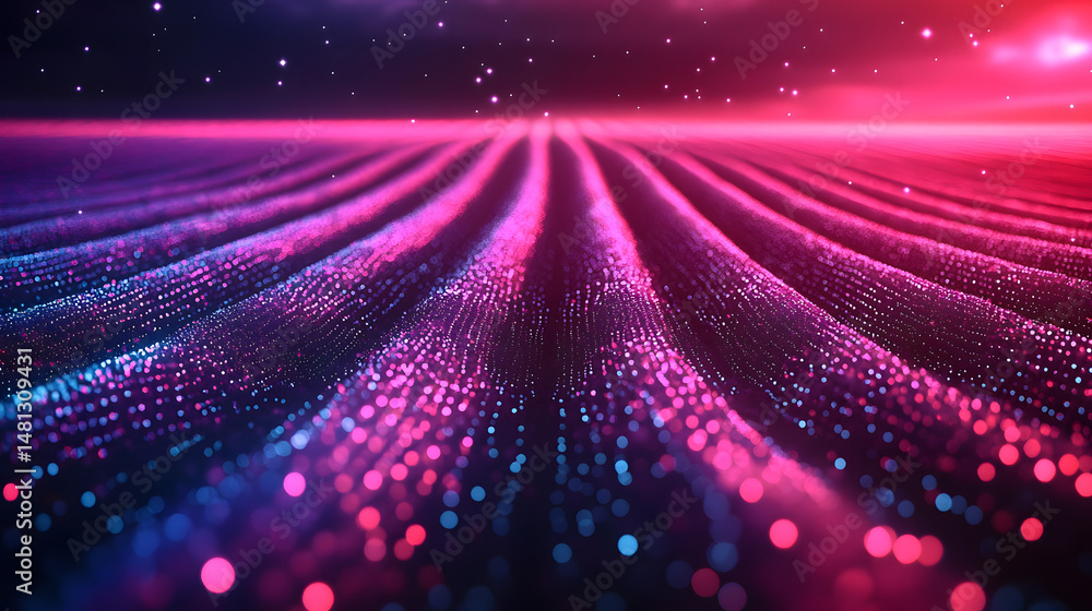 Poster Vibrant abstract art featuring bokeh lights and rippling lines. A stunning gradient background and star details create depth and allure. Captivating digital wallpaper. Abstract wireframe in dark blue.