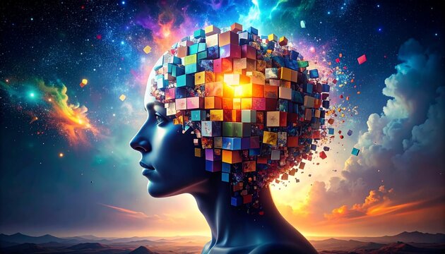 Colorful Cubes Exploding From a Woman's Mind Abstract Art